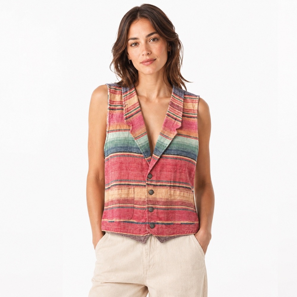 Vintage 90s Chicos Southwestern Cotton Striped Vest Multi Color Size 2 US 12